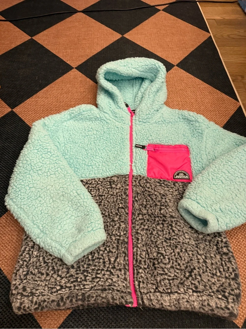 Justice Mint Green, Gray & Pink Sherpa Fleece Jacket